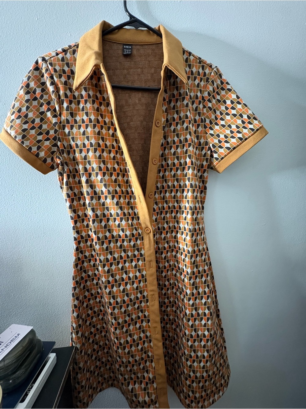 SHEIN Mustard & Brown Geometric Button-Down Shirt Dress